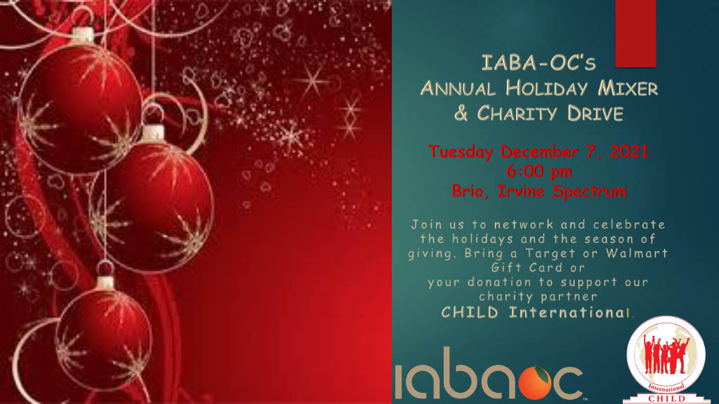 Join us for our Annual Holiday Mixer and Charity Drive this Tuesday (December 7, 2021) at 6PM at Brio in Irvine Spectrum.

Please bring a Target or Walmart gift card or your donation to support our charity partner, Child International.