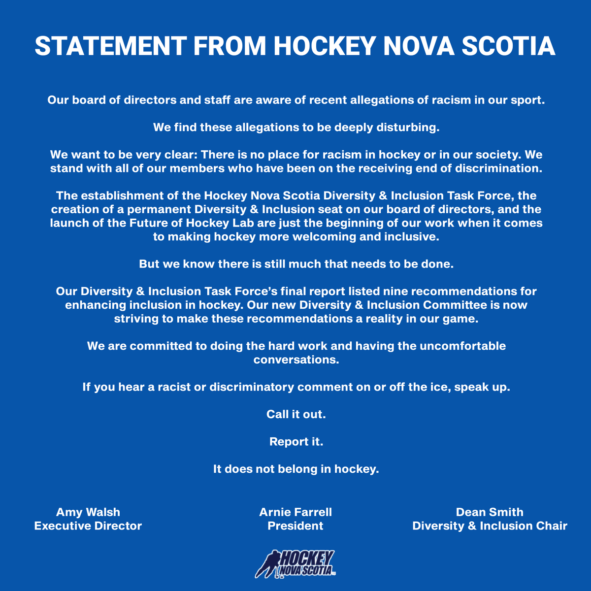 STATEMENT FROM HOCKEY NOVA SCOTIA

Our board of directors and staff are aware of recent allegations of racism in our sport. 

We find these allegations to be deeply disturbing. (1/6)
