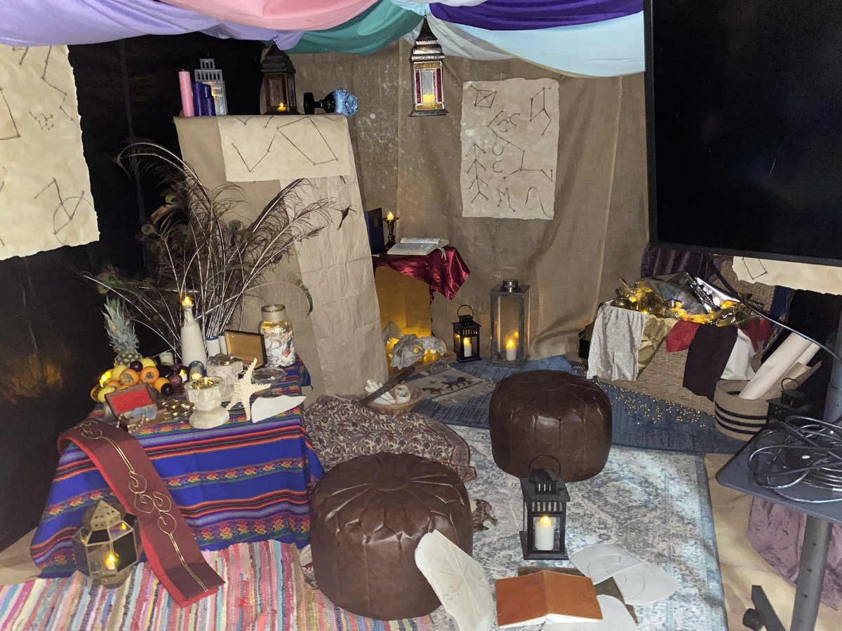 SchoolPriest's tweet photo. We’ve made progress today on our fully immersive nativity event - here’s the observatory of the magi, Joseph’s workshop and Mary’s home.  Please pray that the young people hear afresh the news of Christ’s birth.  @StTeilos @MonmouthDCO @LlandaffDio https://t.co/kDs7OH2HMC