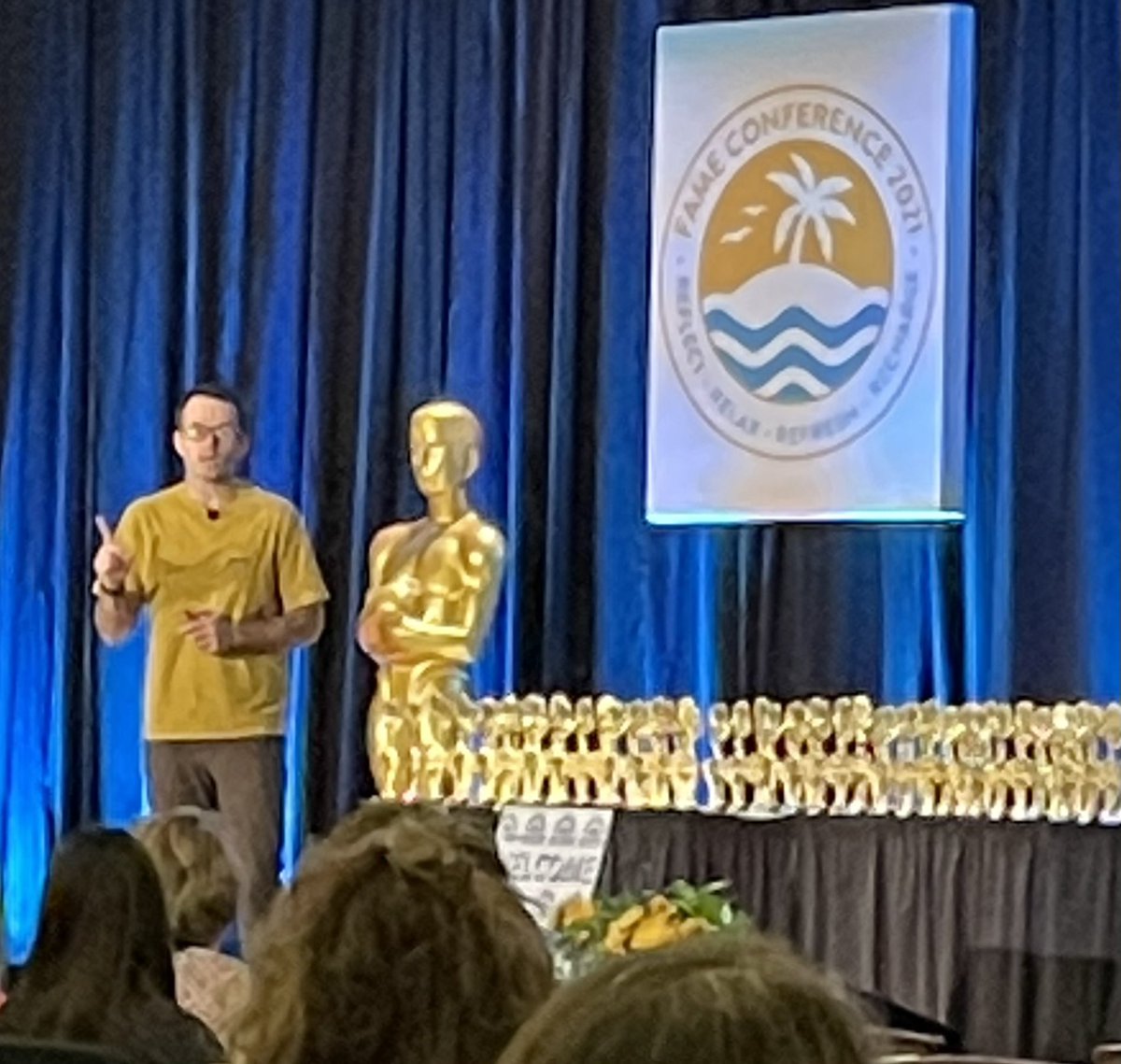 LibraryGoddessM's tweet photo. Librarians &amp; Ts must be in “relentless pursuit of finding the right book 📕 for Ss &amp; helping them fall in love😍with reading”. I still have tears 😭 in my eyes after the closing keynote speech by @colbysharp at #FAME21 @ocaemfl #OCPSreads @CDLocps https://t.co/8MntPWEfEG