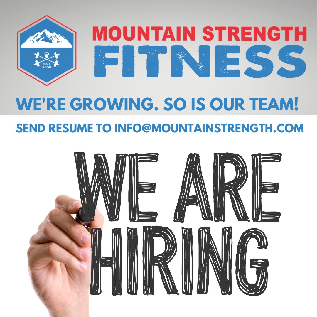 Mountain Strength Fitness is hiring certified coaches to our staff. Are you a certified fitness trainer / coach, interested in leading engaging high intensity functional fitness classes? We'd love to meet you. Send resume and letter of interest to info@mountainstrength.com.