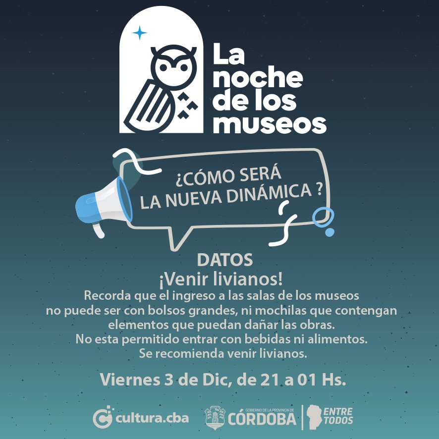 PalacioFerreyra's tweet photo. #NocheMuseosCba
Hoy de 21 a 01 hs
Recorrido por las muestras + Taller de Arte Padre Lucchese + Intervenciones + música en vivo en #ParqueDelMuseo
#MuseosPúblicos #Córdoba
Te esperamos
Nos seguimos cuidando
@AgCbaCultura @Marianadelval1 @NoraBedano @JuanRamia
@rizziest https://t.co/Oja3V6nLJW