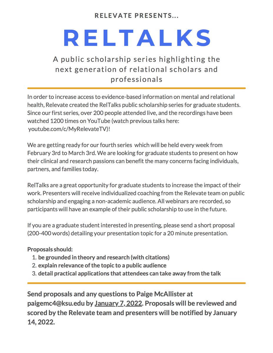MyRelevate's tweet photo. Are you a graduate student excited to share how your clinical and research passions can benefit individuals, partners, and families? Submit your proposal for our fourth #RelTalk series by January 7! @ncfr @ncfrSNP @Sex_Science @SSEmergingAdult @SRAdolescence @TheAAMFT @KStateHHS https://t.co/sz5hYGs5Aa