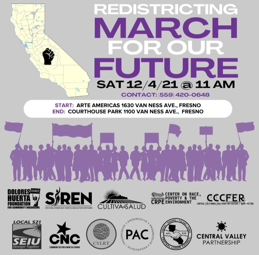 SimoneCranston's tweet photo. March with us 12/4 to demand fairness in our #redistricting processes &amp; beyond. Our future depends on fair lines, fair funding &amp; fair treatment for all. Start: Arte Americas 1630 Van Ness Ave. End: Courthouse Park 1100 Van Ness Ave. INFO: 559-420-0648 #Fight4FairMaps https://t.co/L3DHfOaBXq