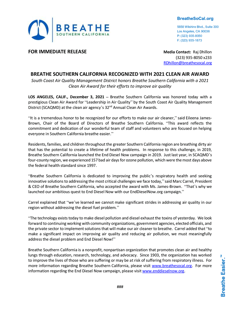 BREATHESOCAL's tweet photo. Today, Breathe Southern California was honored by @SouthCoastAQMD with a prestigious Clean Air Award! Thank you SCAQMD and congratulations to all of the other awardees! #CleanAirAwards https://t.co/zwyvi2i7fQ