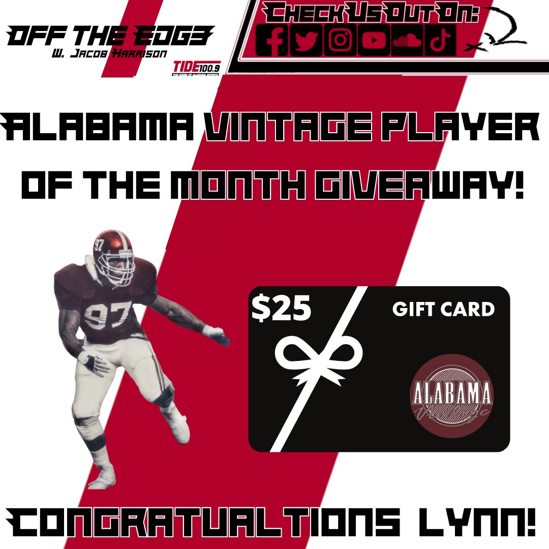 OffTheEdge1009's tweet photo. This month's winner: Lynn

Congratulations to our winner of the Alabama Vintage Player of the Month gift card giveaway! Our player of the month is Cornelius Bennett. Be sure to go see my friends at @Alabamavtg to shop the best Alabama vintage apparel! 

#AlabamaVTG #RollTide https://t.co/qVkXHJnGor