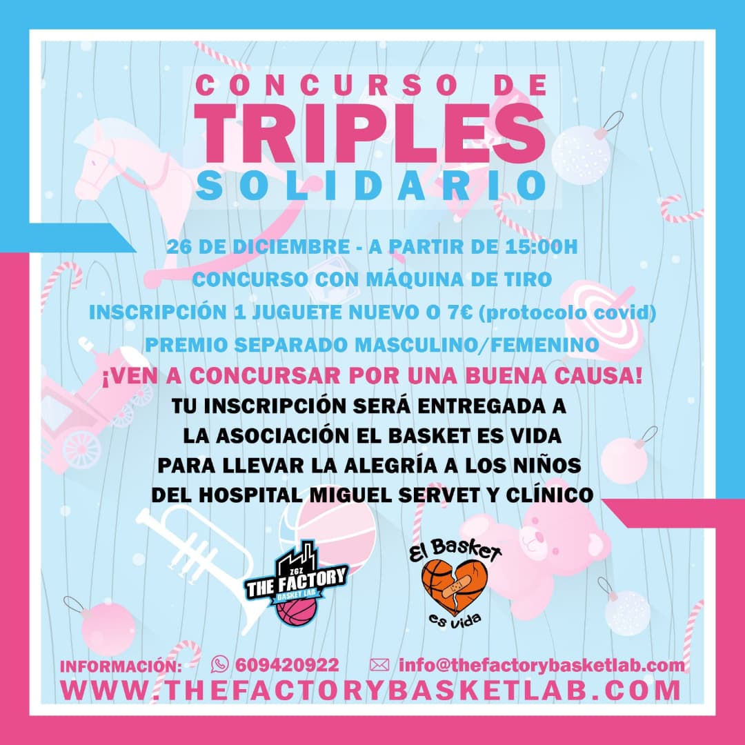 ThefactoryBl's tweet photo. 🎁CONCURSO DE TRIPLES SOLIDARIO🎁
Inscripción 1 JUGUETE NUEVO o 7€ (protocolo covid). Serán entregados a la asociación El basket ES VIDA para hacer felices a niños del Hospital Miguel Servet y el Clínico.
#baloncestosolidario #concursotriples #triplessolidarios #basketesvida https://t.co/aMA5HkQrh6