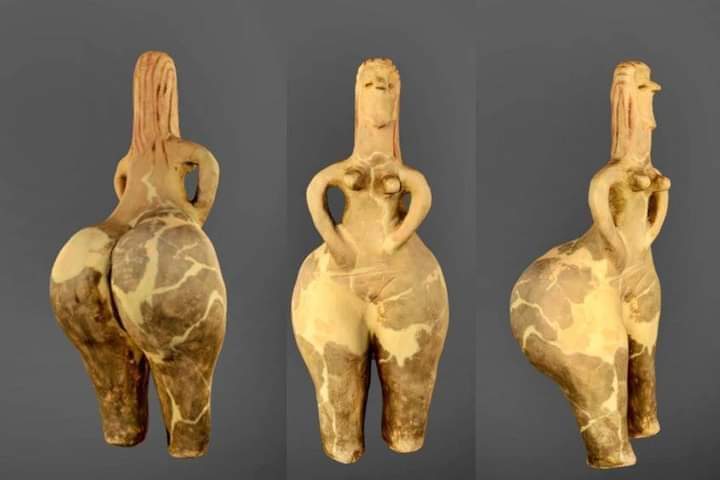 Neolithic Venus figurine called "Red hair goddess", made from terracotta. From Starčevo culture in Southeastern Europe in around 6300-5500 BC. 

This is kind of depiction was an incredibly common trend among ancient pottery. The exaggerated feminine shape represented fertility.
