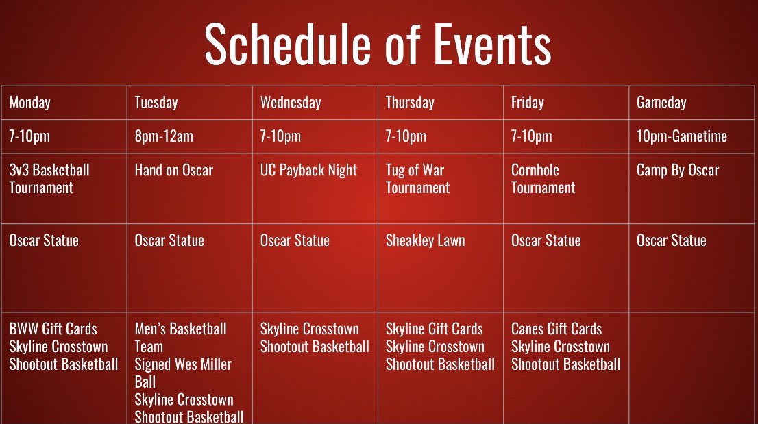 UCRallyCats's tweet photo. 🔴OSCAR WATCH⚫️

Oscar Watch kicks off Monday night! We’ll have events, food and prizes every night. Come out for a week full of fun! https://t.co/1ozrQloTq8