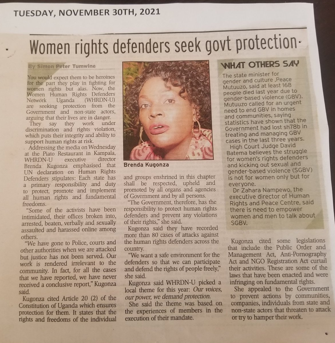 WHRDNU's tweet photo. Following our Executive Director's interview with the journalists on 24/11/2021, at @piatokampala, her message was published by @newvisionwire. 

We are grateful to the New Vision for supporting the work of #WHRDs in ending violence against women and girls in Uganda.
#16Days https://t.co/pHbjx7tuOj