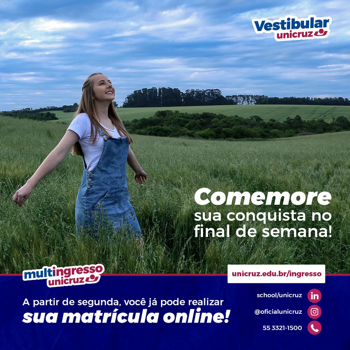 Unicruz's tweet photo. Vestibulando!
As matrículas estarão disponíveis de 06 a 14 de dezembro e serão online!
Você receberá por e-mail os dados de acesso ao Portal do Aluno para realizar o procedimento de casa. https://t.co/2qs3yIy0eO