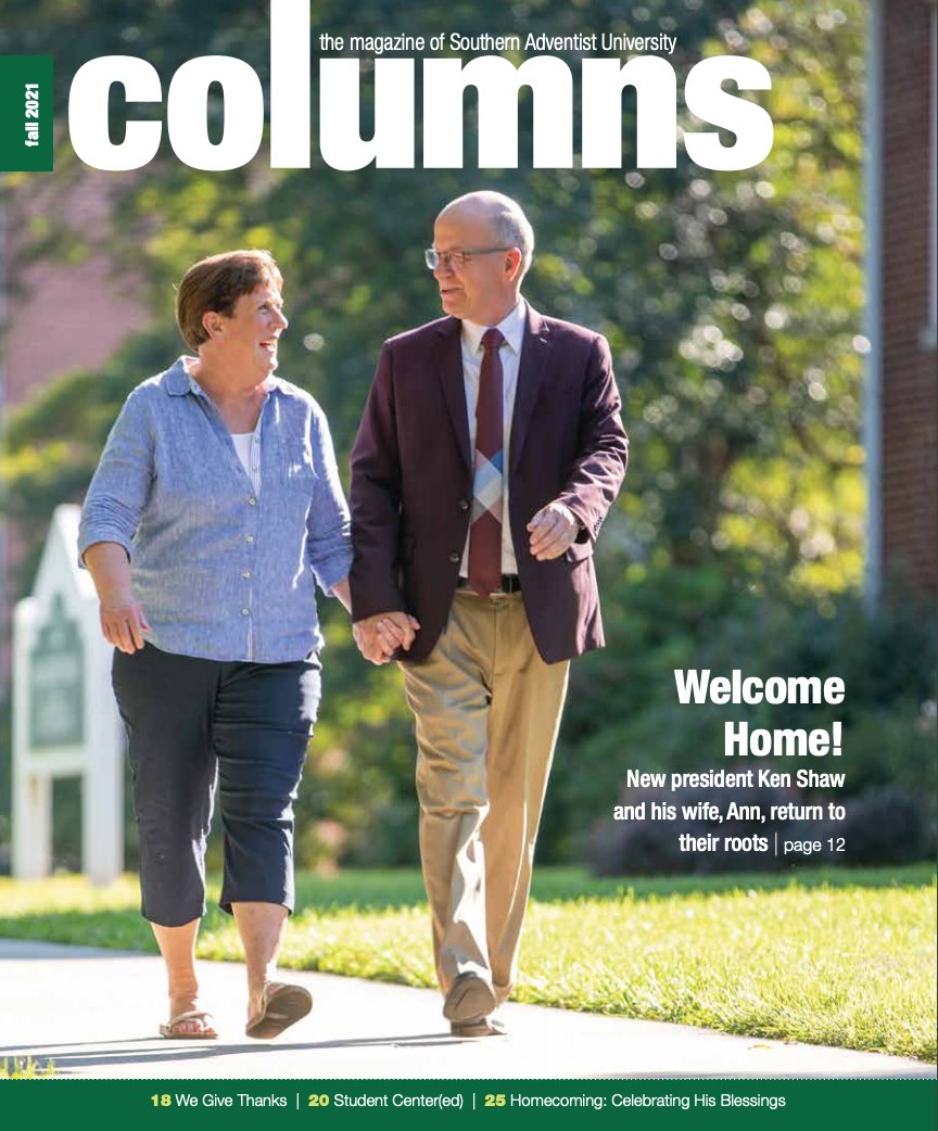SouthernNews's tweet photo. The newest addition of Columns magazine is hitting mailboxes! Read online now at https://t.co/2AyubKURZP.

Stories include our new President Ken Shaw and his wife, Ann, returning to Southern, a recap Homecoming Weekend, new degrees in digital fields added, and more. https://t.co/xA3Li4VCxo