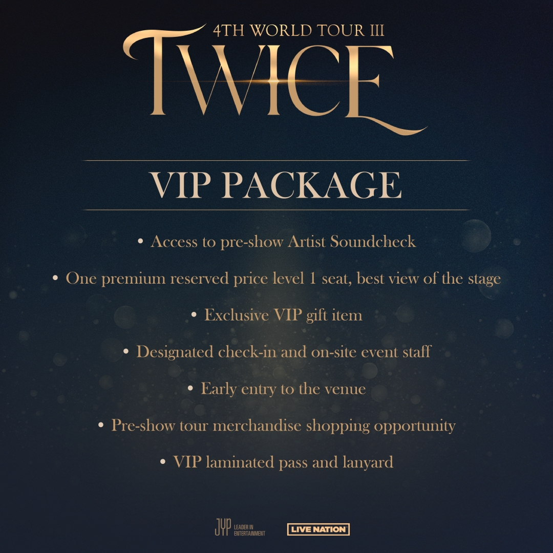 livenationkr's tweet photo. TWICE 4TH WORLD TOUR ‘Ⅲ’ Ticket details❣️❣️
Check out https://t.co/17GqlpBr9W for VIP package details! 
Tickets on sale Friday, 12/10 at 3pm local time. 
Don’t miss your chance to see them LIVE at #LiveNation.com

#TWICEWORLDTOUR2022 #TWICE #TWICEinUS #JYP #LIVENATION https://t.co/xJMVG2idG3