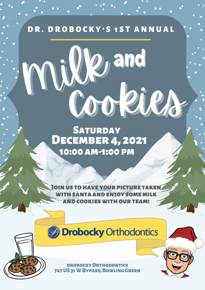 DrobockyOrtho's tweet photo. TOMORROW!!!! Santa is coming to Drobocky Orthodontics and we want you to join us! Get your picture taken with Santa and enjoy some famous Drobocky Cookies! See you in the morning!

#bracesbythebest #drobockyotho #HandcraftedSmiles #TheDrobockyExperience #Santa #MilkandCookies https://t.co/wTCF3wMfLL