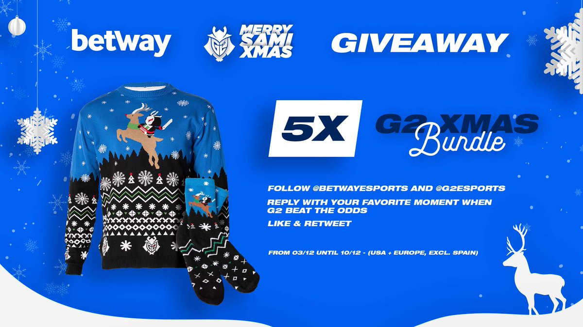 G2esports's tweet photo. Christmas came early #G2ARMY ❄

Together with Betway we're giving you the chance to win some Christmas swag for the holiday season!

To enter:
Follow @G2esports &amp; @betwayesports
Like &amp; RT
🗨 Reply with your favorite moment when G2 beat the odds https://t.co/XOSpa6CwRV