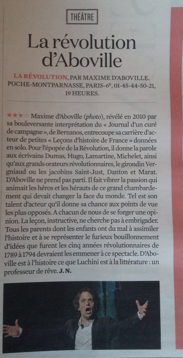 MAboville's tweet photo. Belle critique de Jacques Nerson dans L'OBS pour La Révolution. Jusqu'au 2 janvier au @PocheMparnasse https://t.co/F8e9KypCGh
