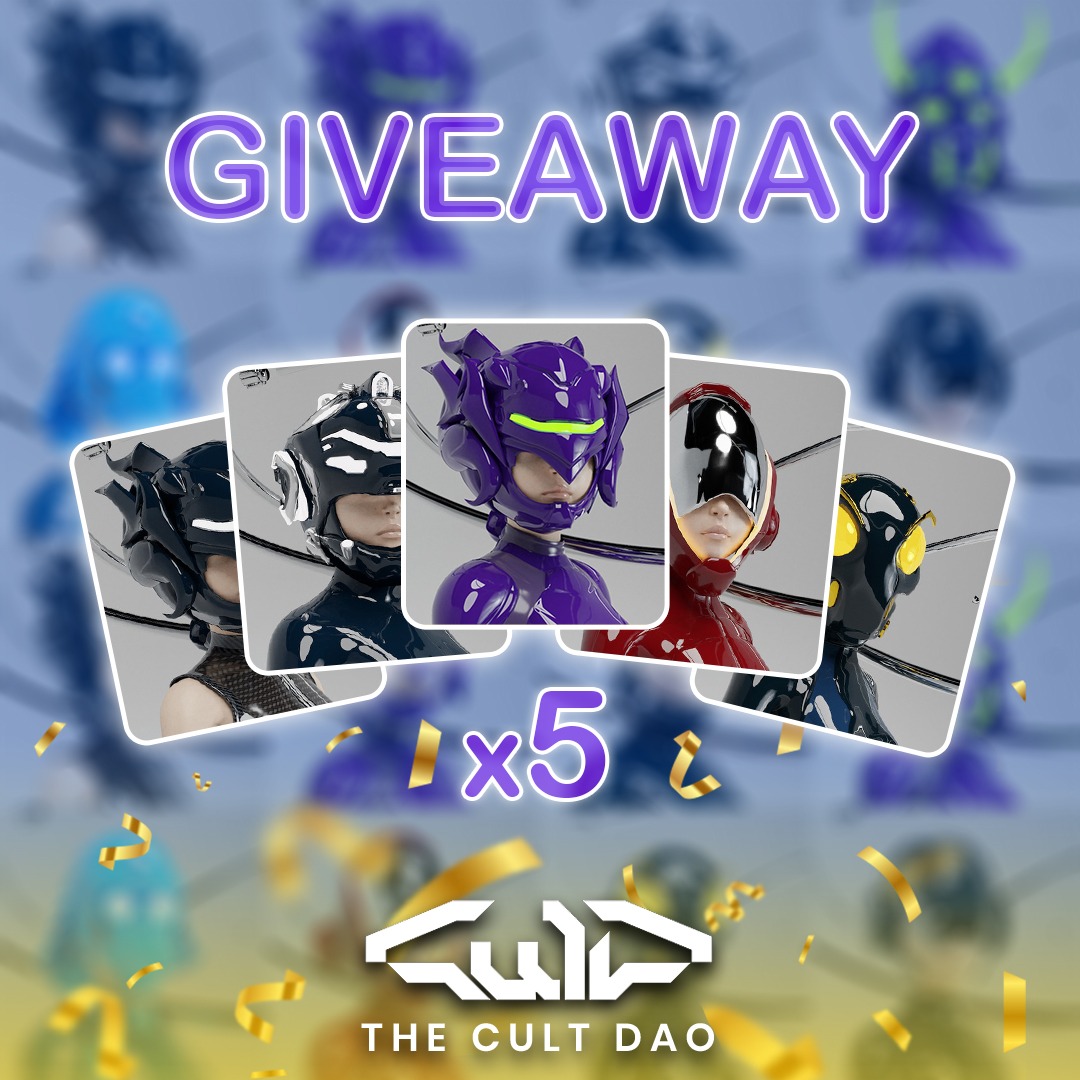 ⚡️🎁 NFT GIVEAWAY 🎁⚡️

🏆 5x Cult Dao NFT 

1⃣ Like and RT
2⃣ Follow <a href="/thecultdao/">CulD - The Cult DAO</a> and <a href="/nftreminder/">NFT Reminder</a>
3⃣ Tag 3 friends 
4⃣ Join discord discord.gg/thecultdao

⏳ Ends 48h 

#NFT #Giveaways #NFTCommunity #NFTCollector #NFTArtist #NFTDrops #NFTGiveaways #NFTs #NFTArt  #Giveaway #ETH