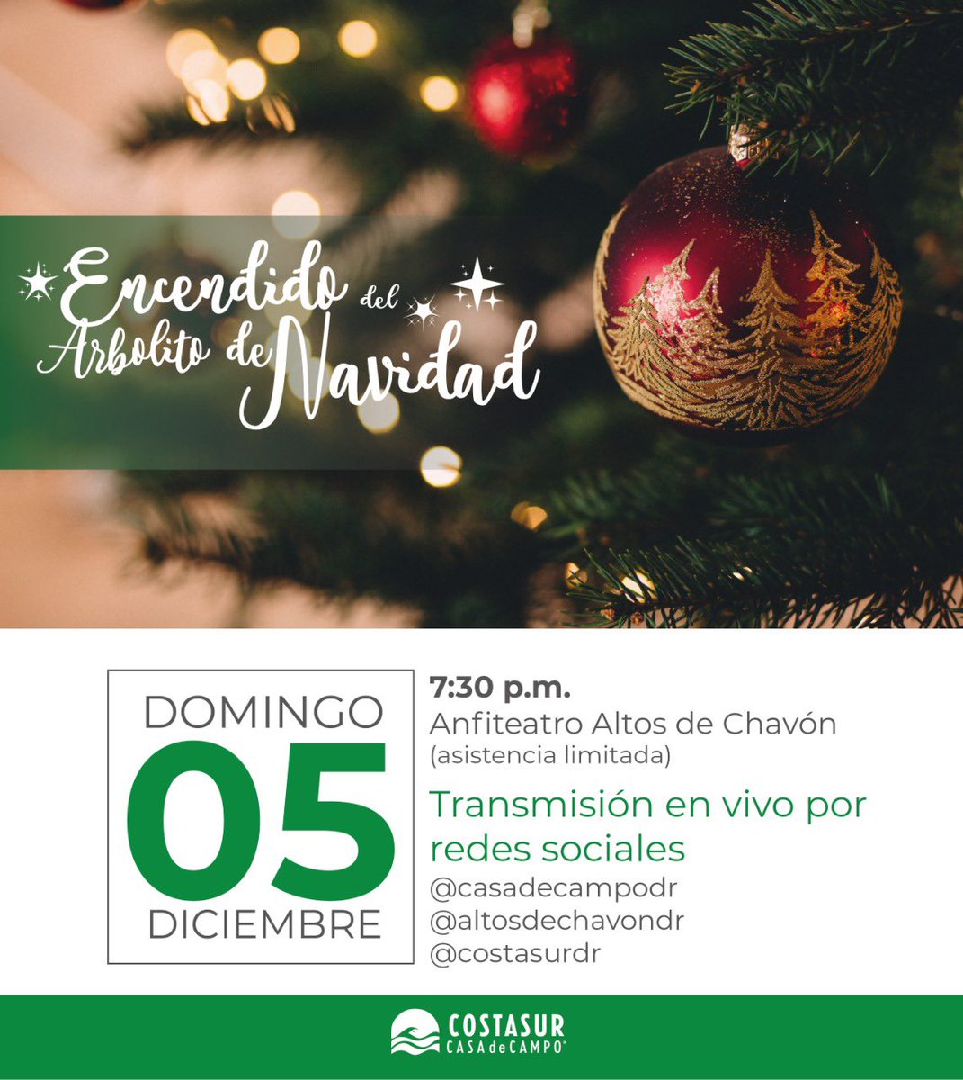 ¡Todo listo para recibir la Navidad este domingo 5 con el tradicional encendido del arbolito en <a href="/altosdechavondr/">Altos de Chavon</a>! Les esperamos en vivo y a través de nuestras redes sociales 🎄 #costasurdr #casadecamporesort #altosdechavóndr