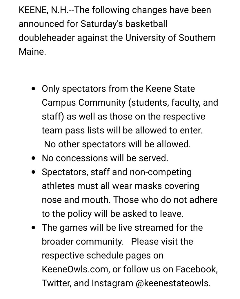 KeeneStateOwls's tweet photo. Please see the message below for important updates about tomorrow’s games. https://t.co/DJUKX9gQiU