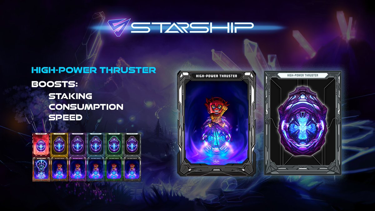 DeployStarShip's tweet photo. Enjoy #NFT highlights to learn about component #NFTs in the coming days!

First up: The High-Power Thruster!

Starships won't reach lightspeed for intergalactic travel without one!

This NFT boosts your starship STAKING and SPEED while reducing fuel CONSUMPTION!

#deploystarship https://t.co/94hxqRV9OM