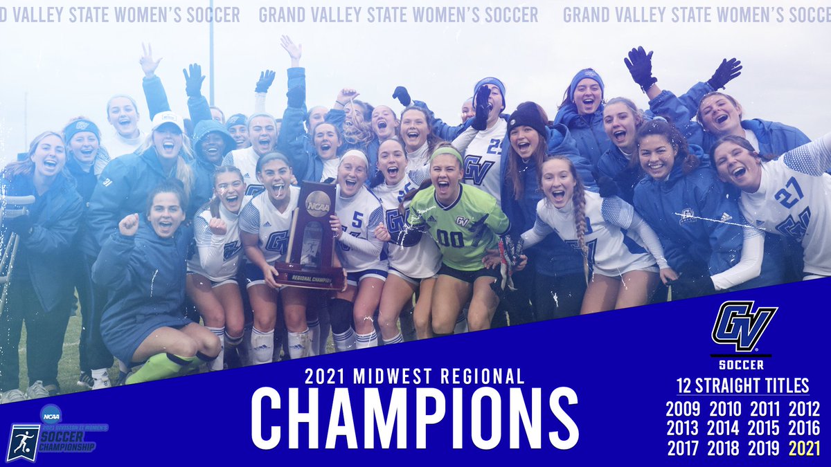 GVSUsoccer's tweet photo. A DOZEN STRAIGHT!!

The Lakers down Saginaw Valley, 2-0, Friday and claim their 12th straight Midwest Regional Championship!

GVSU hosts Central Missouri in a national quarterfinal Sunday at 1 PM. https://t.co/maFy5w6qhQ