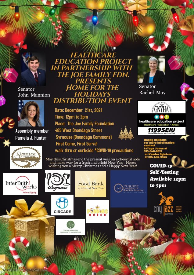 Save the date and join HEP Syracuse &amp; our community sponsors at the “HOME FOR THE HOLIDAYS” distribution event Tuesday December 21st 12pm to 2pm. All items will be first come first serve! COVID-19 Self testing will be offered 12pm to 5pm in partnership with <a href="/UpstateHealth/">Upstate Health</a>