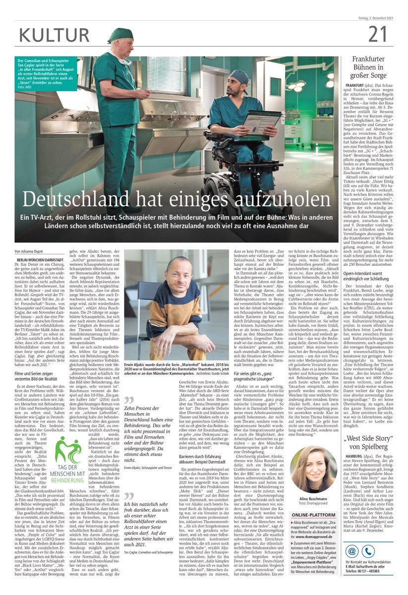 ErwinAljukic's tweet photo. Pünktlich zum #InternationalDisabilityDay ein großer Artikel in den @VRMwirbewegen zum Thema „Inklusion im Theater und Film“ - mit mir auf der Titelseite 

@StaatstheaterDA @M_Kammerspiele @BavariaFiction @Echo_Online @wknachrichten #InternationalDayOfPeopleWithDisability https://t.co/k3Cbyp1EIT