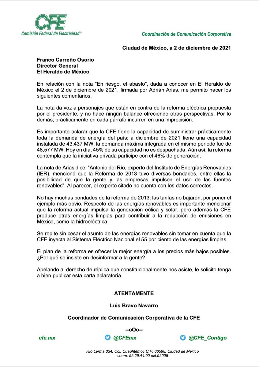 La CFE aclara que tiene la capacidad de suministrar el 54% de la demanda de energía del país y más, contra lo que se publica en el <a href="/heraldodemexico/">El Heraldo de México</a>. Se omite decir que 45% de su capacidad no es despachada y, de nuevo, se oculta que inyecta la mayoría de energía limpia.