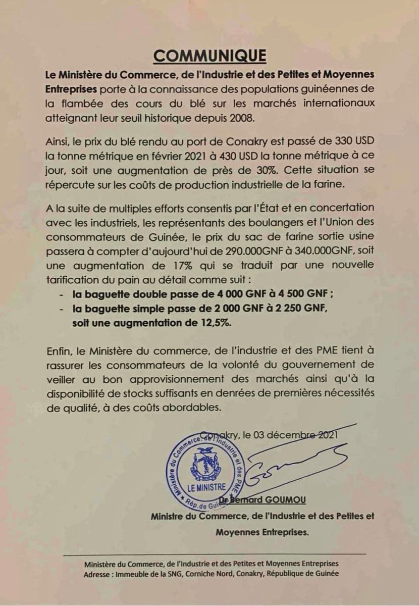 CommerceGn's tweet photo. #MCI_MPE : Communiqué du ministère du Commerce, de l'Industrie et des PME, relatif au réajustement des prix de la farine et du pain.

#CNRD
#CommerceGn #IndustrieGn #InvestirEnGuinee
@GouvGN https://t.co/FUW4Kuf2rT