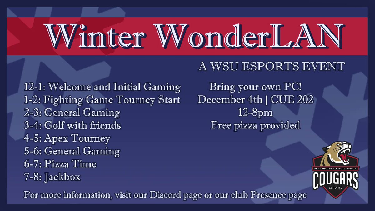 Center for Student Organizations and Leadership (@wsugetinvolved) on Twitter photo Games, tournaments, and free pizza!! Join <a href="/WSUEsports/">WSU Esports</a> and the Fighting Games Club for their WinterWonderLAN on December 4 from 12:00 a.m.-8:00 p.m. in CUE 202. Learn more at wsu.presence.io/event/winter-w… 🍕🎮 #GoCougs Games, tournaments, and free pizza!! Join <a href="/WSUEsports/">WSU Esports</a> and the Fighting Games Club for their WinterWonderLAN on December 4 from 12:00 a.m.-8:00 p.m. in CUE 202. Learn more at wsu.presence.io/event/winter-w… 🍕🎮 #GoCougs