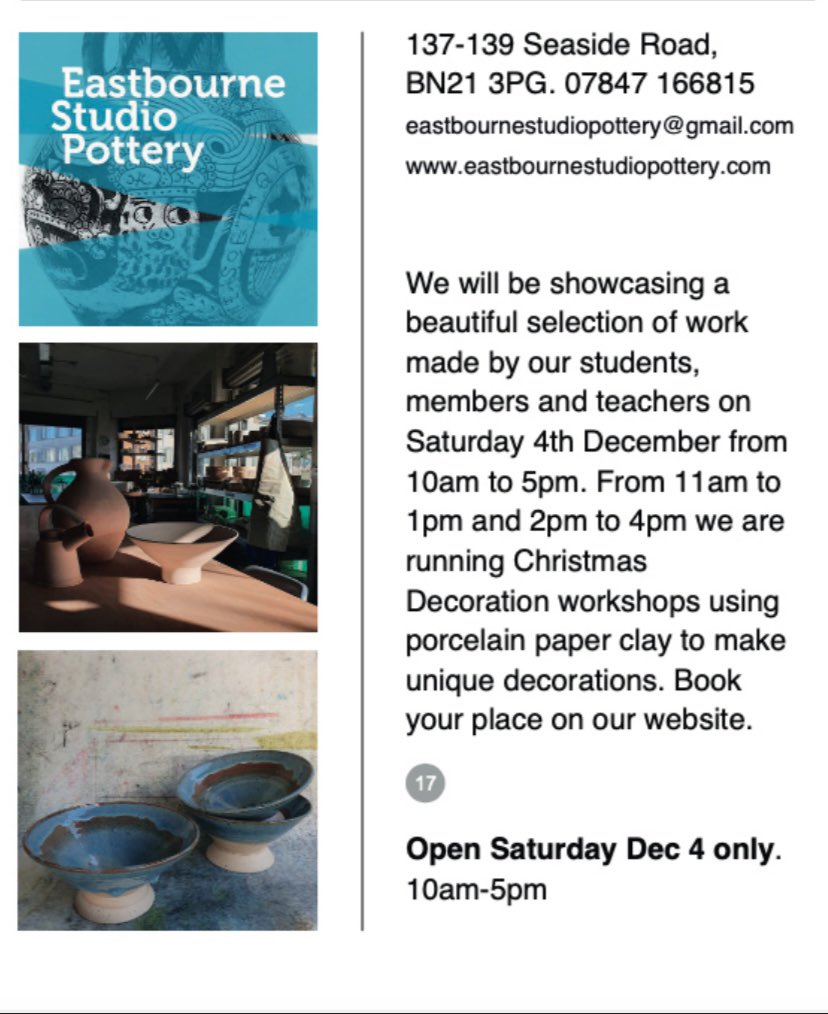 ESPceramics's tweet photo. Our studio is taking part in #Eastbourne Artists #Christmas Open Houses Sat 4/12/21 10-5 Running along side are our Xmas decoration #workshops Members Students &amp; Teachers work is on display &amp; available to buy All welcome
https://t.co/8Fza6Tq31i
#Christmas2021 #potteryclasses https://t.co/VOMUXKuy8L