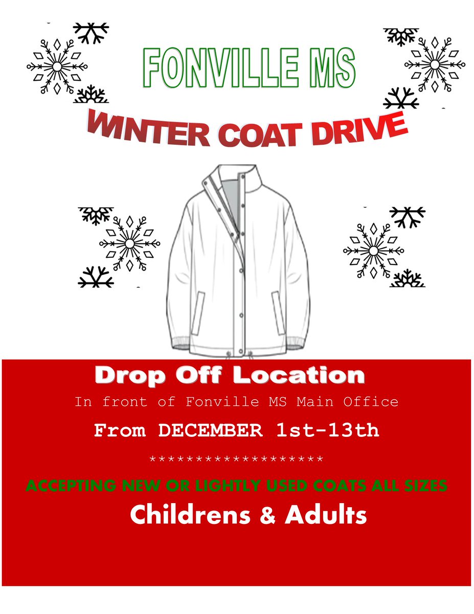mnegron71's tweet photo. @Fonville_MS  is having a Winter Coat Drive!🎄🧥❄️
Please donate new or lightly used coats to help families in need. 
Check out the flyer for more details. https://t.co/j7fSNQZRZ8