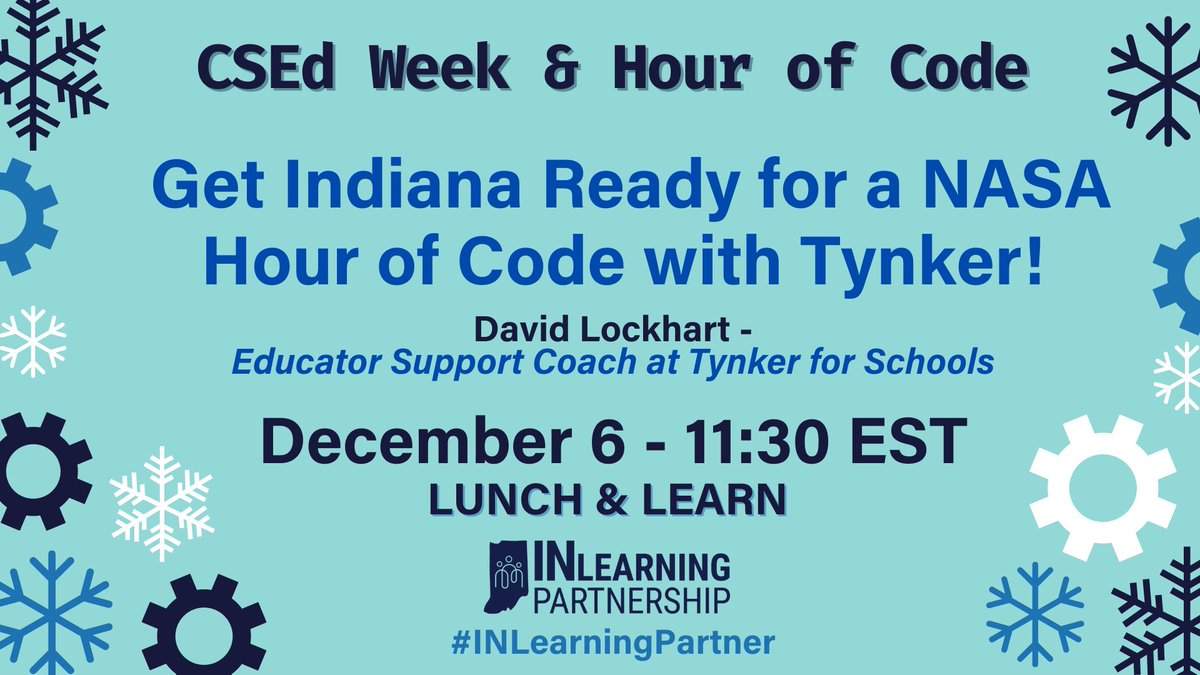 INeLearn's tweet image. It&apos;s time to celebrate #CSEdWeek &amp;amp; Hour of Code! Join the #INLearningPartnership Lunch and Learn today from 11:30am-12pm EST. Today&apos;s topic - Get Indiana Ready for a NASA Hour of Code with Tynker! youtube.com/channel/UCJiYs… #INeLearn #CSforIN @Indiana_CS @EducateIN @KeepINLearning