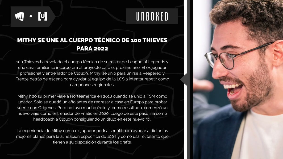 UnboxedES's tweet photo. #UXRec | @mithygg irá finalmente a @100ThievesLoL 🧠
#LCS #LCS2022 #LeagueOfLegends https://t.co/NMBP0MyEs7