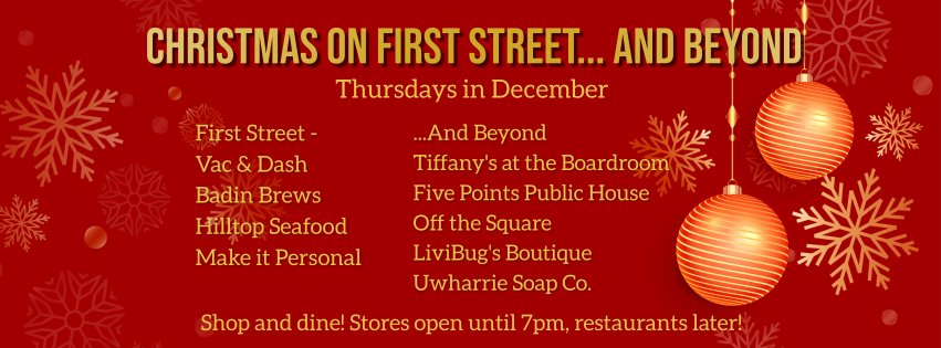 Visit downtown Albemarle, NC on Thursdays throughout the month of December. Pick up unique gifts at stores open until 7pm, then wind down with a beverage or dinner at one of our downtown eateries. #bedowntown