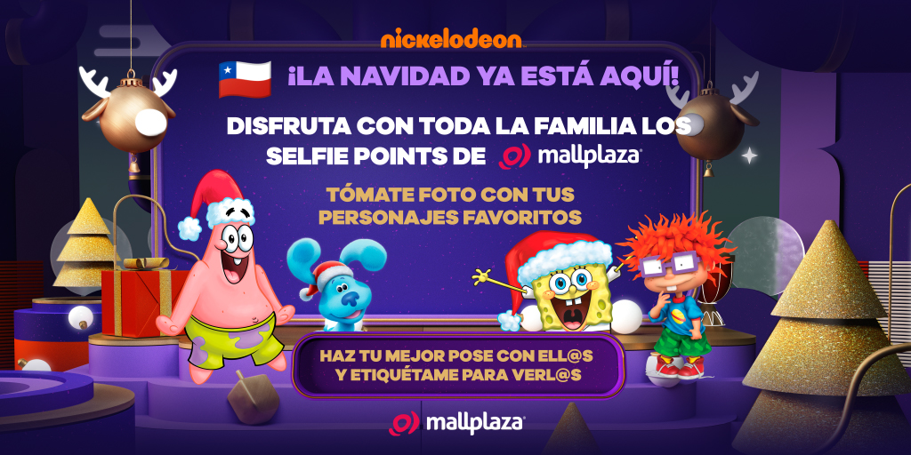 NickelodeonLA's tweet photo. #Nickfans de Chile🇨🇱 ¡Vayan a Mall Plaza a tomarse la selfie navideña con sus personajes favorit@s! 🤩 No olviden etiquetarme para verl@s. 🎄📸 https://t.co/f0FDPPbjS7