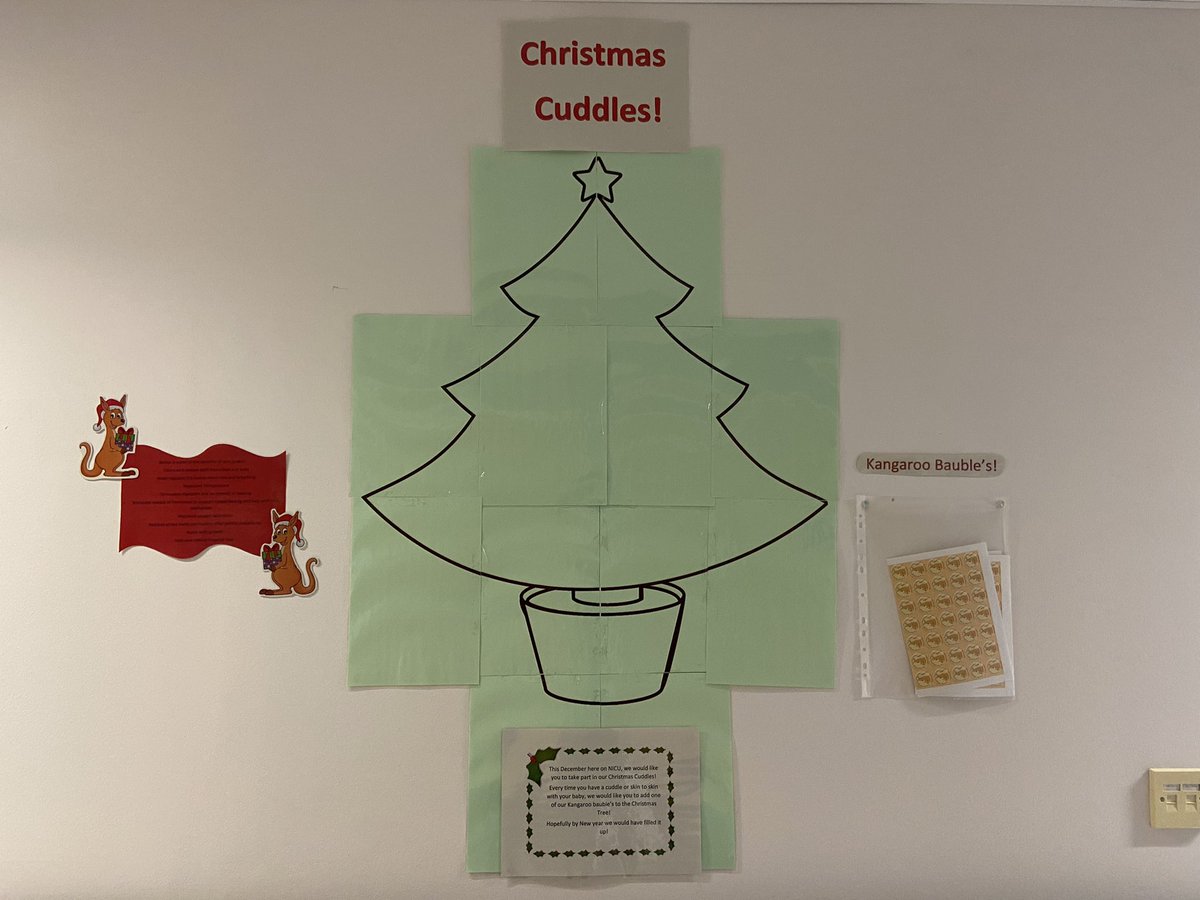 JengaL88's tweet photo. This December on NICU @MFT_SMH we’re asking parents to be involved in ‘Christmas Cuddles’, promoting the many benefits to skin to skin. Each Kangaroo bauble added to the tree represents skin to skin with a parent! @SpoonsCharity @AlisonODoherty2 https://t.co/p1azZFnRUE