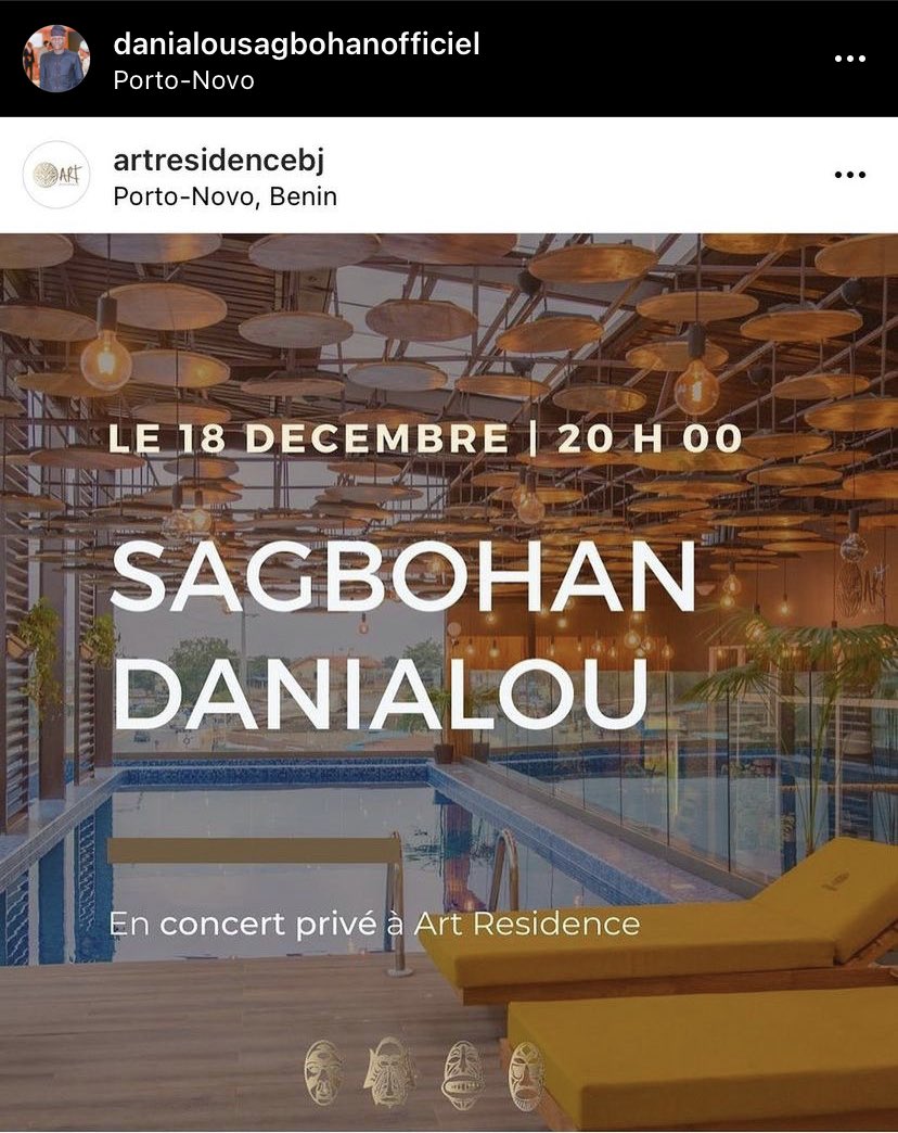 Monsieur SAGBOHAN Danialou lui même, vient de confirmer sa présence à <a href="/ArtResidencebj/">Art Residence</a> le 18 Décembre à 20H pour un concert privé. 

#benin #portonovo