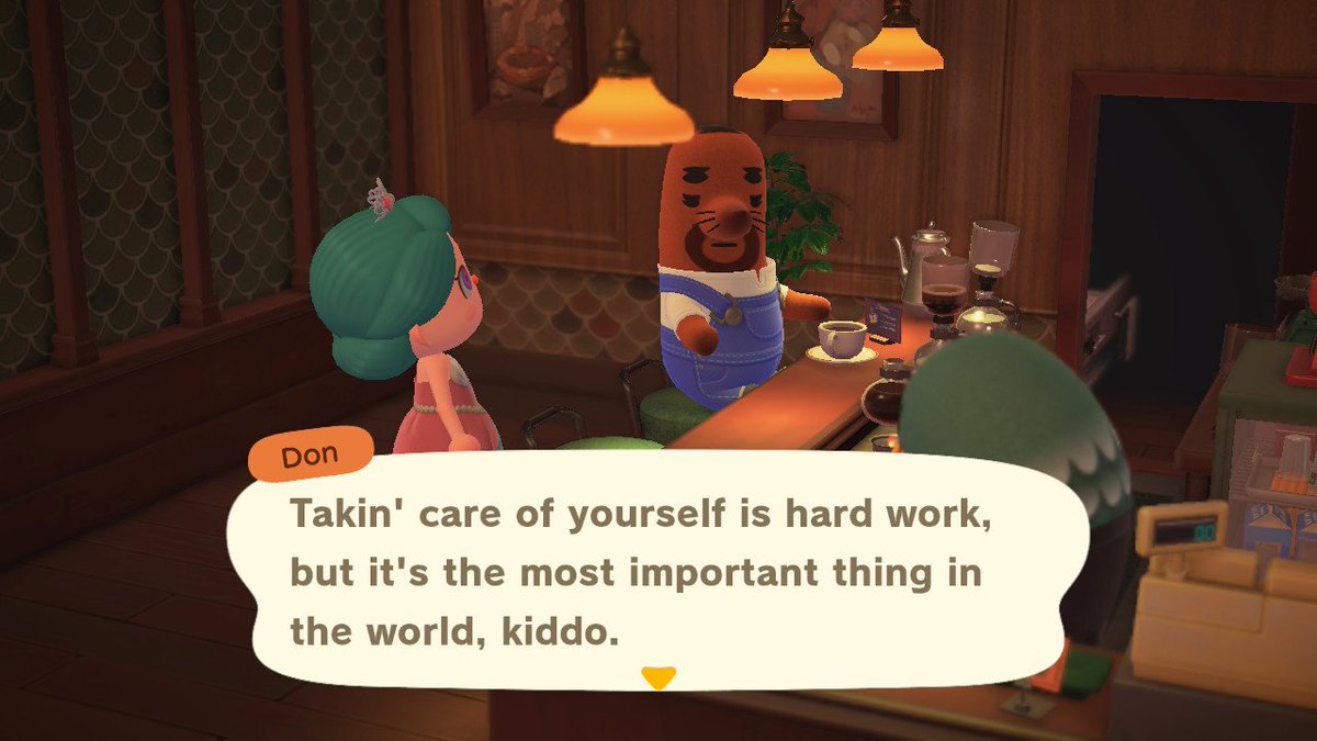 kikicalypso's tweet photo. #selfcare tips from ya boy don. we only have one body, so treat it well. 💜 #acnh https://t.co/G2IuawcYe3
