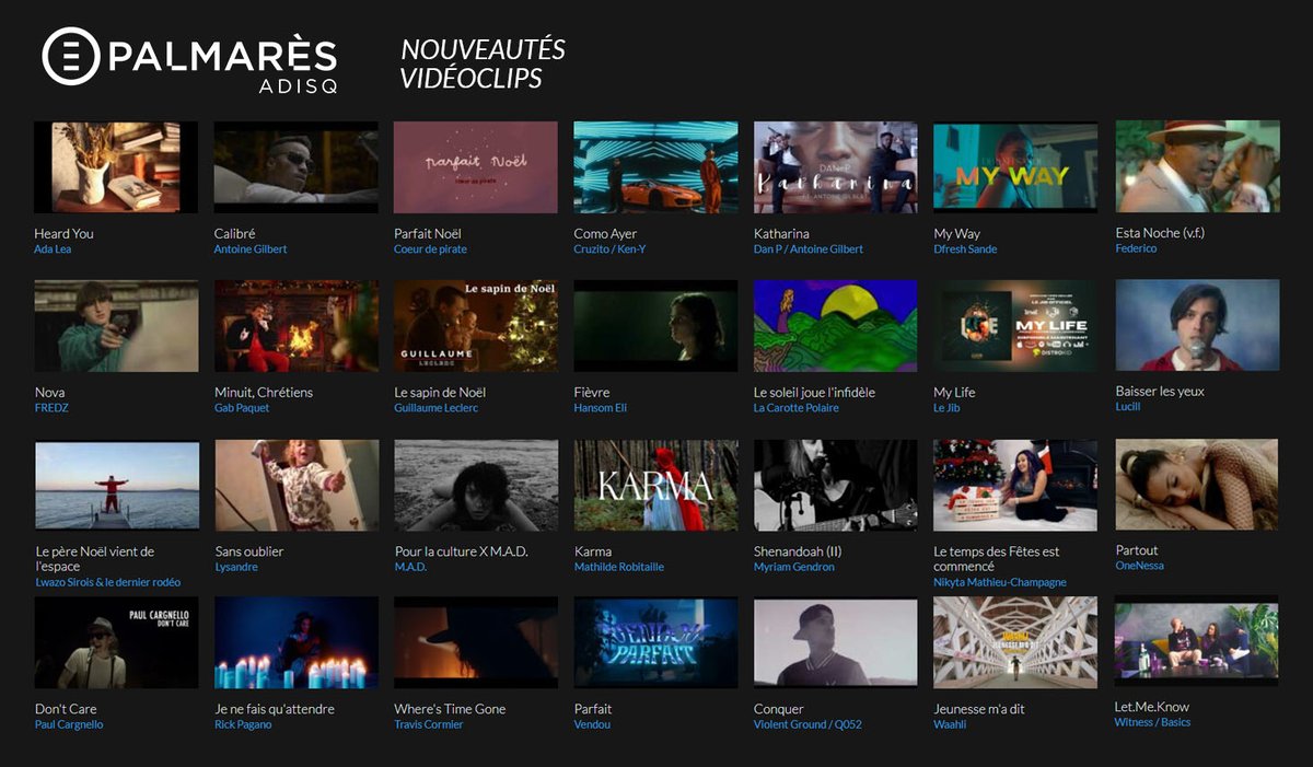ADISQ_'s tweet photo. Plusieurs nouveaux vidéoclips ➡️ https://t.co/BRJW90rZ26

Vous pouvez écouter sur #PalmarèsADISQ les nouveaux clips d'@adaleamusic, @Anthony8701, @beatricepirate, @officialcruzito / Ken-Y, Dan P / Antoine Gilbert, @DfreshSande, Federico, FREDZ, Gab Paquet et plusieurs autres! https://t.co/emQnuVrgRw