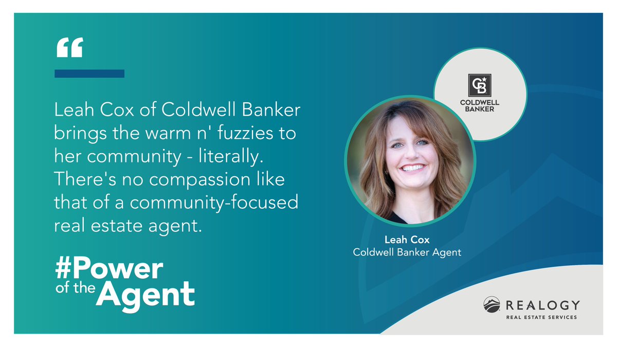 Realogy's tweet photo. Leah Cox of @coldwellbanker leads with a desire to help others and always puts her clients and communities first. She's known as the “Teddy Bear Realtor” - this is because she donates a teddy bear to the local children's hospital for every home transaction. #PoweroftheAgent https://t.co/XGtXWgOucF