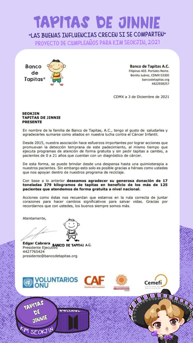 tapitasdejinnie's tweet photo. El pasado 27-11 #TapitasDeJinnie por  @Jinproyectmx y #ARMY recaudó 17,379 kg de tapitas, a nombre de Kim Seokjin, entregadas a @bancodetapitas quienes  apoyan a niños con cáncer en el país. 
#HAPPYJINDAY #HappyBirthdayJin
#LasBuenasInfluenciasCrecenSiSeComparten  #BancoDeTapitas https://t.co/yCgEPMSMCv