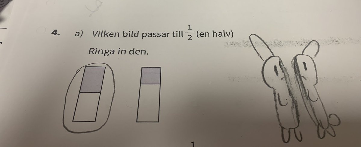 BoMaHelena's tweet photo. Vi jobbar mycket med visuellt stöd i klassen. Den här eleven ville förtydliga att hon har förstått vad 1/2 är med sin kanin, tror jag minsann.#solskol #runan https://t.co/IBVvoZ72H3