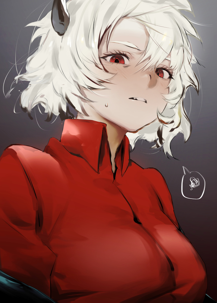 nidu4s's tweet photo. https://t.co/YsM56NtLmF #helltaker #malina_helltaker #sisisi #single #tall_image #looking_at_viewer #short_hair #fringe #simple_background #red_eyes #hair_between_eyes #white_hair #upper_body #horn_horns #grey_background #sweatdrop #girl #shirt #speech_bubble #red_shirt https://t.co/KxEqz9bEn4