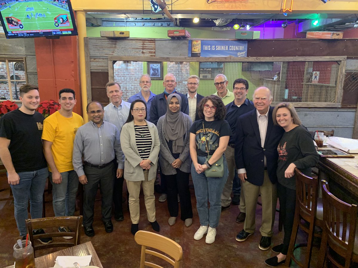 SHSUEcon's tweet photo. Wonderful holiday gathering of the Economics department at SHSU yesterday! Honored to have Emeritus Professors Bill Green and Don Freeman join us!  @SHSUCOBA https://t.co/0wj6jX9Yb3