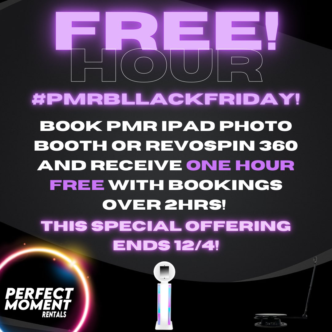 PerfectMomentRT's tweet photo. LAST DAY ON THIS AMAZING DEAL!🖤

Any booking with over 2 hours of rental time will receive a hour for FREE!

#360photobooth #photobooth #ipadphotobooth #revospin #blackfridaydeals #blackfridaysale https://t.co/1NM4hkKvvH