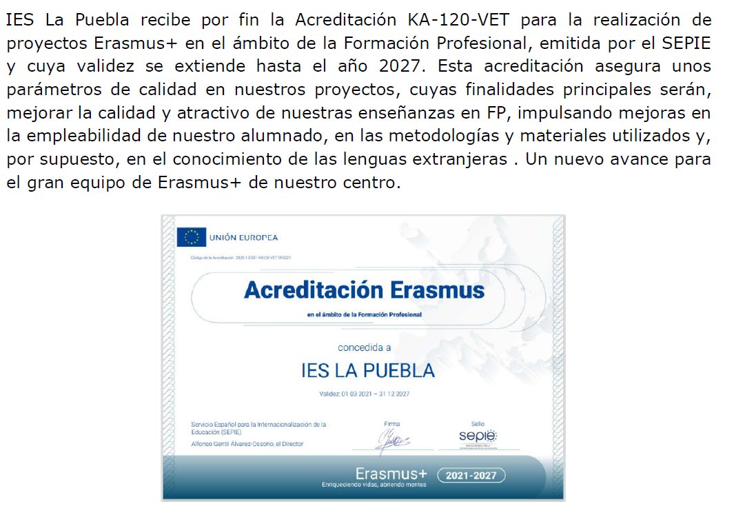 erasmuslapuebla's tweet photo. IES La Puebla recibe por fin la Acreditación KA-120-VET para la realización de proyectos Erasmus+ en el ámbito de la Formación Profesional, emitida por el SEPIE y cuya validez se extiende hasta el año 2027.#Erasmuplus
#MiErasmusplus
#ErasmusplusEs
@sepiegob https://t.co/tXWTmESVnF