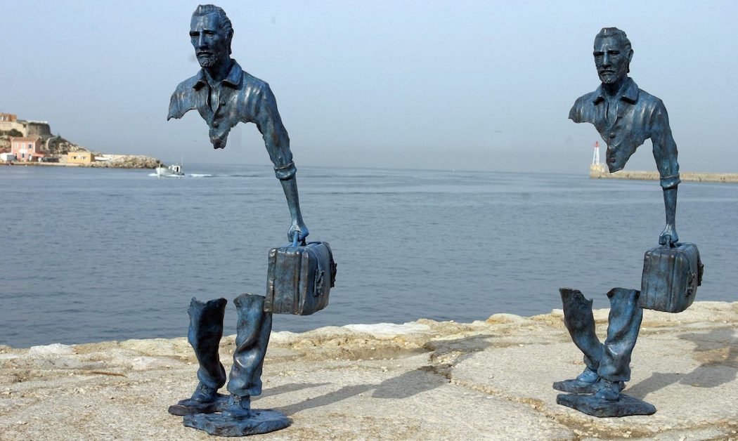 20. An existentialist statement about travelers leaving a part of themselves behind is also, imo, applicable to the modern worker. Remove the suitcase, add a briefcase, and you have the fragmenting, lost, overwhelmed modern Man/Woman/Worker in today's world. By Bruno Catalano: