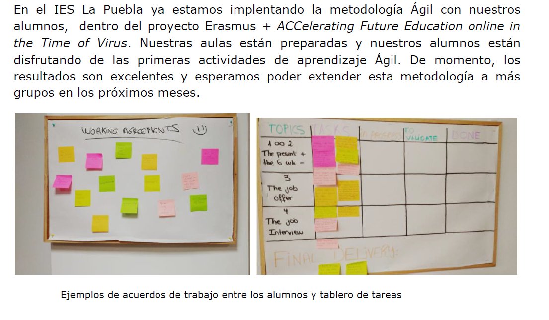 erasmuslapuebla's tweet photo. En el IES La Puebla ya estamos implentando la metodología Ágil con nuestros alumnos, dentro del proyecto Erasmus + ACCelerating Future Education online in the Time of Virus. https://t.co/q0nziSAHMG