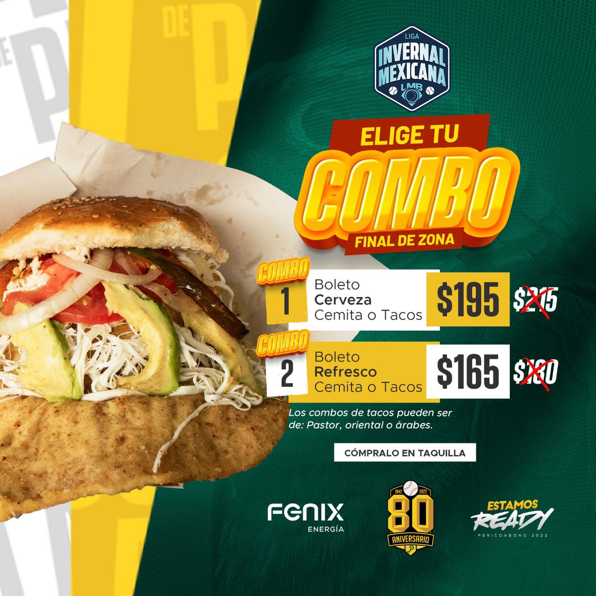 Pericos_Oficial's tweet photo. ¿¡Ya andas pensando qué vas a comer para el primer juego de la #SerieDelPríncipe 🤴🏻!?
➡️ Recuerda que puedes preguntar y adquirir tu combo directamente en taquillas 👀🤓
¿Cuál prefieren? ¿El combo con cemita o con tacos 🌮? 😜
#VolaremosAlto #FinalLIM https://t.co/KwwcIiTTvp